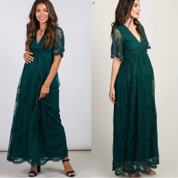 Pinkblush Dresses & Skirts - Pinkblush Forest Green Lace Mesh Overlay Maxi Dress Maternity Womens Size Small